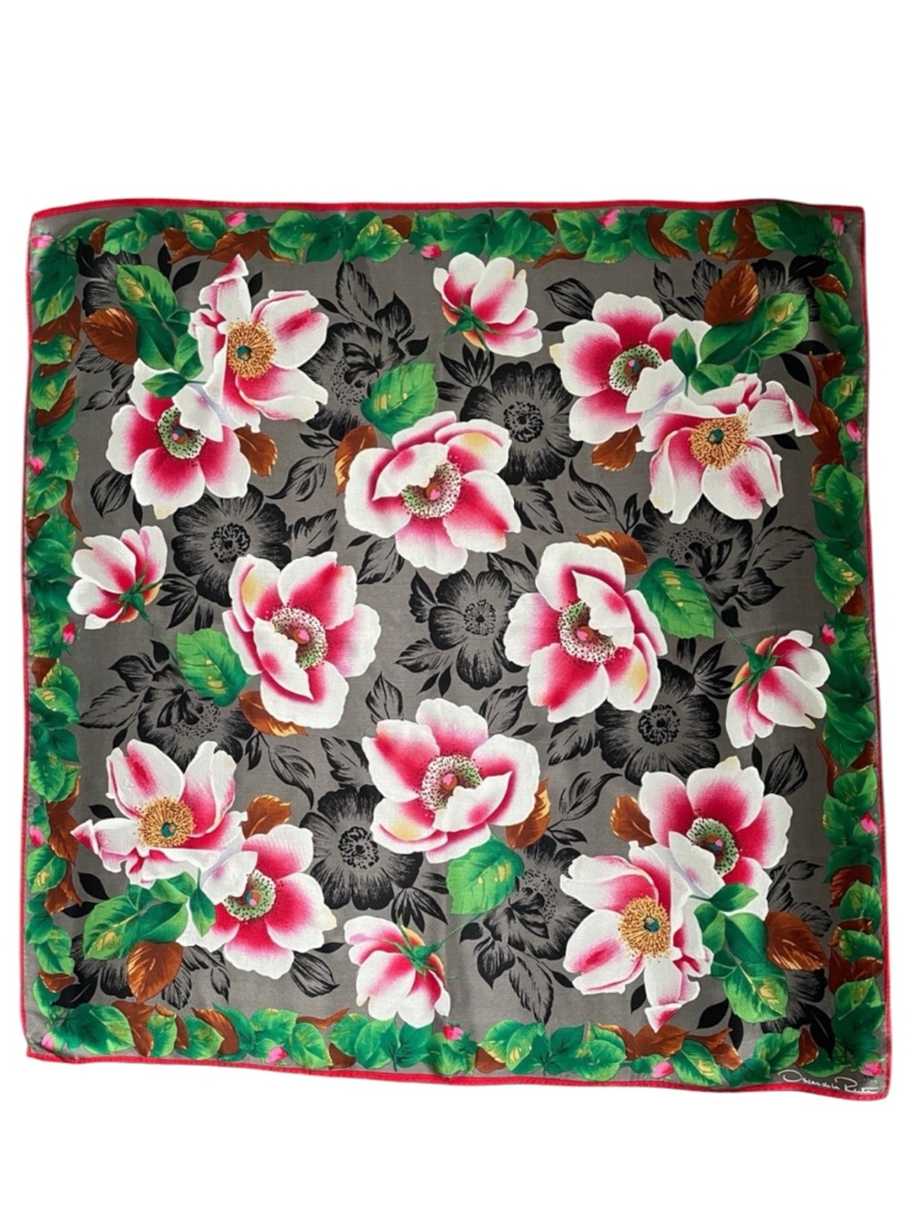 Vintage Oscar de la Renta Pink Floral Gray/Green Background 100% Silk Scarf